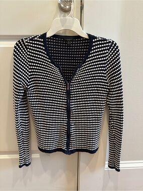 Ann Taylor Navy and White Dot Zip-Front Sweater XS